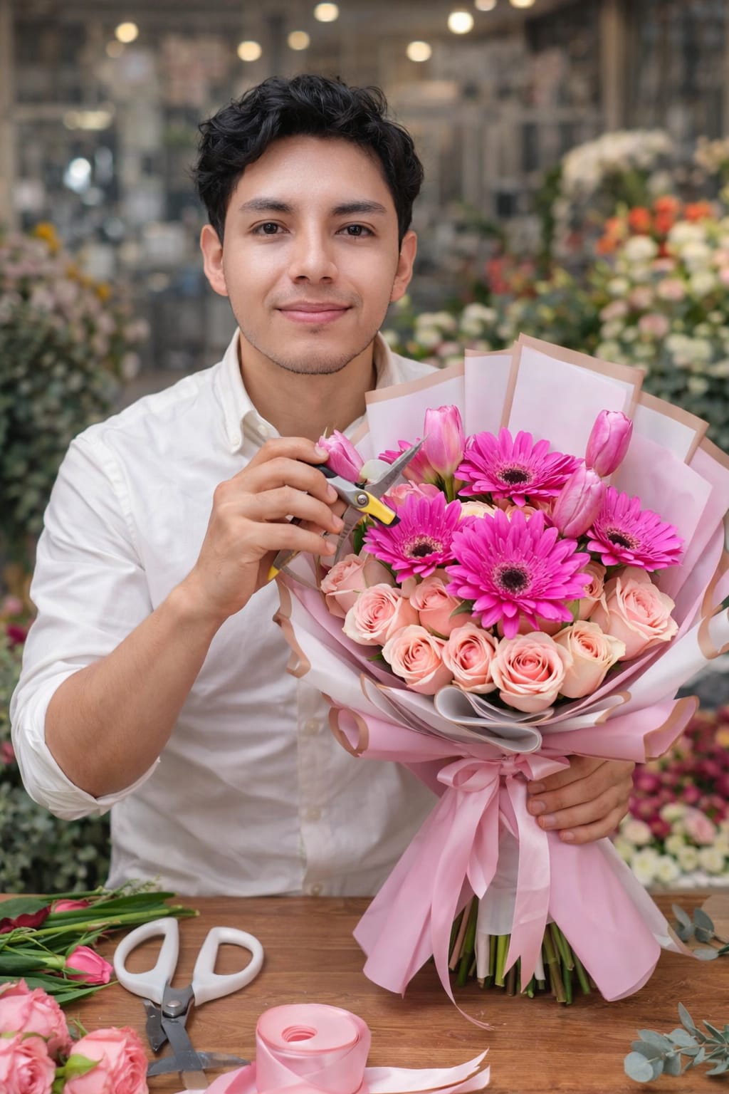 Florista trabajando en su taller floral